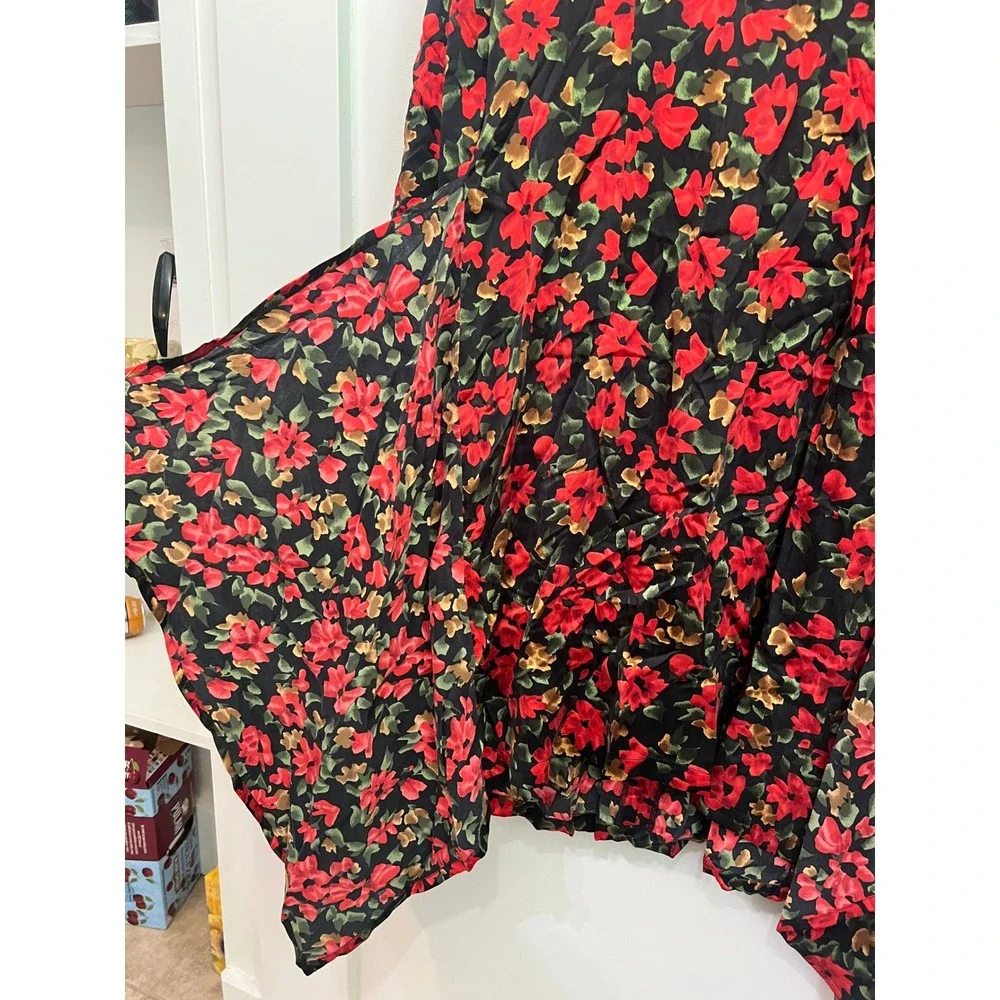 Mary Jo Bruno Vintage 90s Silk Floral Tomato Red Handkerchief Hem Dress 6